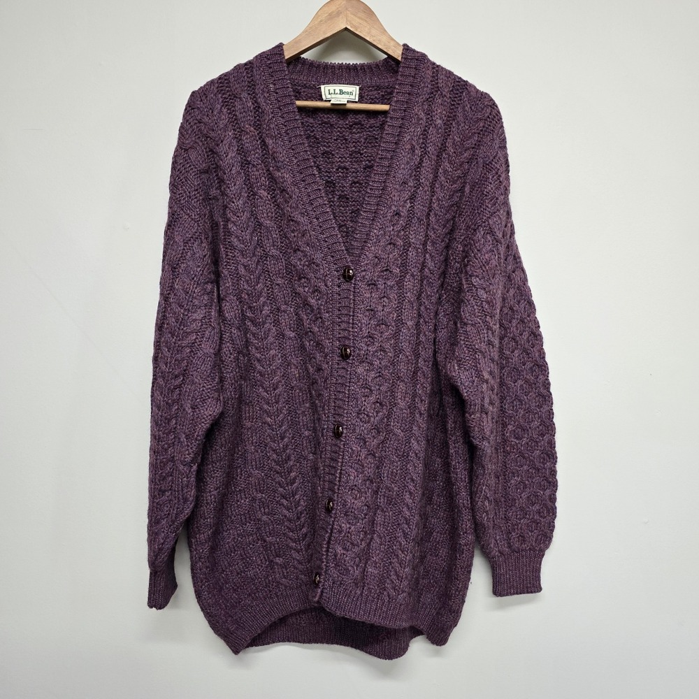 LL Bean Cardigan Womens XL Purple Wool Cable Knit Ireland Button Up Fisherman
